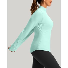 Thermal Shirts for Women Long Sleeve Mock Neck Fleece Tops Running Workout Cold Weather Gear with Zip Pocket(Aqua,XXL)