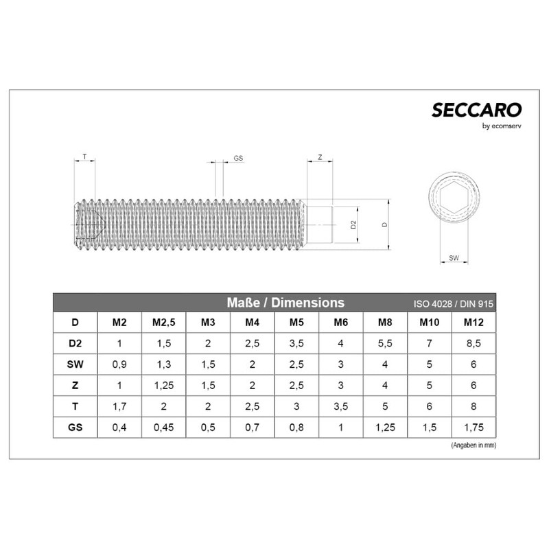 SECCARO 20 x M4 x 4mm Hexagon Socket Set Screw
