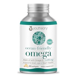 Youtheory Omega 3 de algas veganas, cápsulas blandas aptas para el océano, con EPA y DHA, para la salud del corazón, los ojos y el cerebro, envase de 