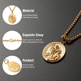 WESTMIAJW Gold Oval St Saint Christopher Medal Pendant Necklace Jewellery Gift for Men Boys 60cm
