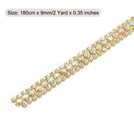 sourcing map 2 Yard 9mm 3 Rows Crystal Rhinestone Diamond Close Chain Trim Trimming Claw Cup Chain for Sewing, Crafts, DIY Jewelry Wedding Decorations Gold Colorful White