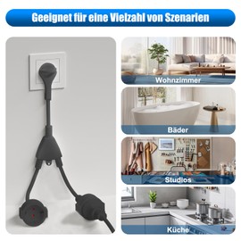 AOUOO Doppelstecker f1r Steckdose, Verl?ngerungskabel mit 3 Fach Steckdosen und Flachstecker, AOUOO 3 Fach Schuko Y Verteiler, 1.5 mm2 Flexible Kable, 16A/250V, IP20 Wasserdicht, f1r Zuhause, B1ro Schwarz