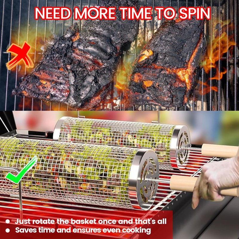 Rolling BBQ Grill Baskets, 2 Pieces, with Wooden Handle, Forks