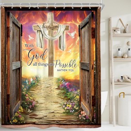 Riyidecor Bible Verse Rustic Barn Door Cross Shower Curtain Inspirational Quote Positive Christian Scripture 60Wx72H Inch Vintage Floral Fabric Decor Bathroom Polyester Waterproof 12 Pack Hooks