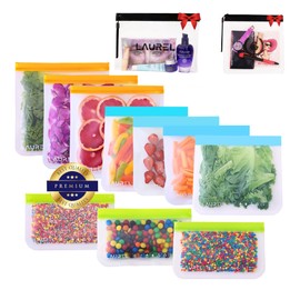 LAUREL Reusable Freezer Silicone Food Storage Bags -10 Pack+2 Gift, PEVA Silicone Bags for Food Storage, Reusable Plastic Free Ziplock Bags (3 Gallon Freezer Bags + 4 Sandwich Bags + 3 Snack Bags)