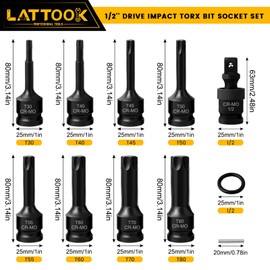 LATTOOK 1/2 Inch Drive Impact Torx Bit Socket Set, 17PCS Cr-Mo Steel 3-Inch Extra Long Impact Star Bit Socket Set with Impact Socket Adapter, T30, T40, T45, T50, T55, T60, T70, T80