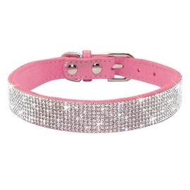 Pimaodog Rhinestone Dog Collar, Cute Dazzling Sparkling Soft Suede Leather Adjustable Pet Dog Cat Collar Crystal Diamond for Puppy Small Medium Large Dogs (XXS:15.5-21cm, Pink)