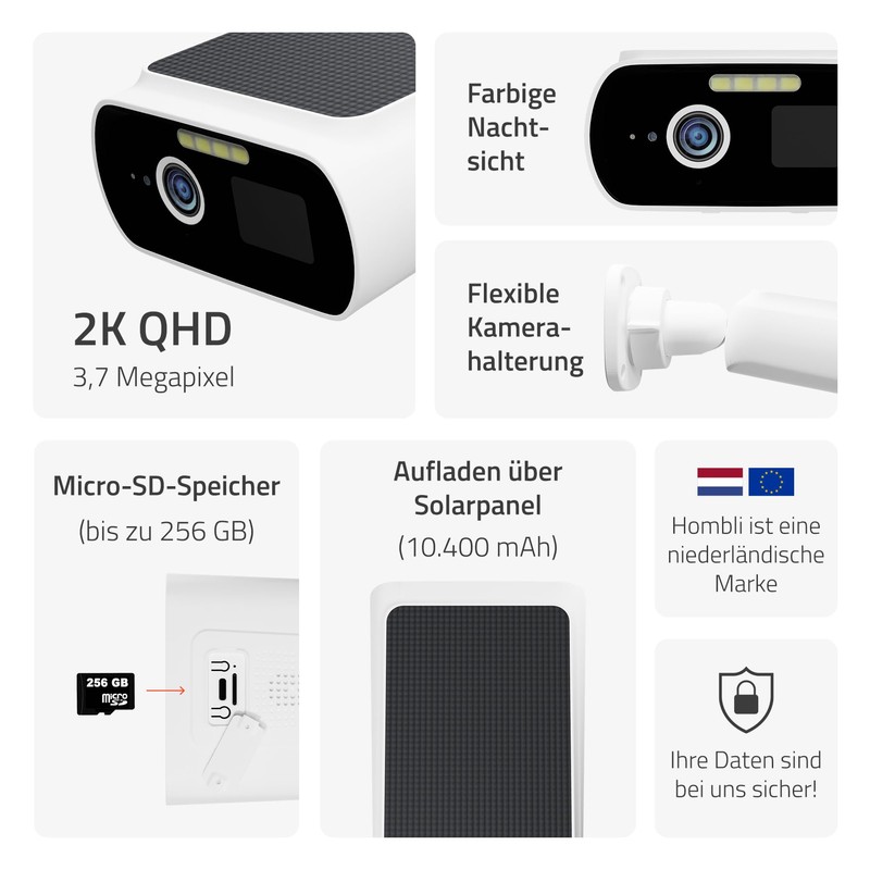 Hombli 2K Solar Outdoor Surveillance Camera, Integrated & Scratch Resistance