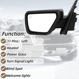 skkyoro Left Driver Side Door Mirror 11 PINS For Ford F150 2021 2022 2023 2024 with Power Glass Heated turn signal welcome light and blind spot Replace ML3Z17683SA