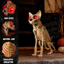 Halloween Animatronic Skeleton Cat 15 Inch, Sound & Touch Activated Halloween Decoration with Moving Jaw, Glowing Red Eyes and Spooky Sound, Animated Cat Prop for Haunted House, Yard, Porch Decor