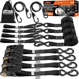 HORUSDY Ratchet Straps Heavy Duty, Tie Down Straps Ratchet Set, 2200 LB Break Strength, Safety Lock S Hooks, Best for Moving, Securing Cargo, Kayaks, Mountain (4 Pack，Black)