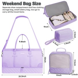 ETRONIK Weekender Overnight Bag for Women, Large Travel Duffle Bag with Shoe Compartment & Wet Pocket, Carry On Tote Bag Gym Duffel Bag with Toiletry Bag, 3 Pcs Set, Large Size, Purple