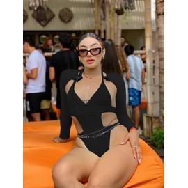 EVELUST Pack of 2 Women's Rave Outfits, Neon Body Crop Top Long Sleeve Swimsuits, Mesh Shrug with Buckle for Festival Club Party, black