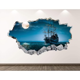 West Mountain Pirate Ship Wall Decal Art Decor 3D Smashed Ocean Moon Sticker Mural Kids Room Custom Gift BL112 (50" W x 30" H)
