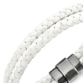 Two-Row White Braided Leather Bangle Bracelet for Men Women Leather Wristband with Magnetic Clasp(CA)