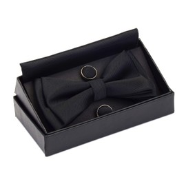 Silk Bow Ties For Men Black Pre-tied Solid Bowtie and Pocket Square Cufflink Sets (UK0577-12)