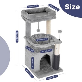 Pawfessor Cat Tree 32 Inches Small Cat Tower with Large Hammock Dia 15.7”,Self Groomer, Fully Scratching Post, Removable Top Bed and Wide Hideway Condo for Indoor Cats-Gray