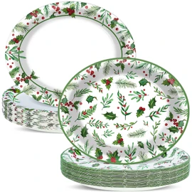Naozinebi 50Pcs Christmas Oval Plates Christmas Seasonal Holly Paper Plates 9.4 * 11.6inch Large Disposable Platter for Merry Christmas Party and Holiday Party Decorations