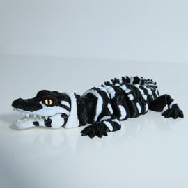 3D Printed Articulated Crocodile - Opening Mouth and Glass Eyes - Flexible Joint Animal Models - Surprise Gifts for Fidget Enthusiasts - Made from PLA - Black and White