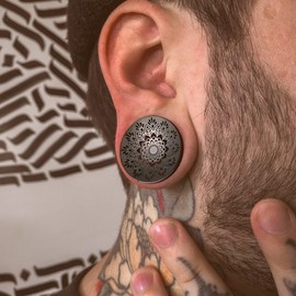 LADEMAYH Classical Mandala 5/8 Gauges for Ears - Black 16mm Plugs for Women, Surgical Steel Tunnels Earrings Body Jewelry