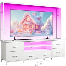 Romorgniz TV Stand for 55 60 inch TV, Large Wall Unit Entertainment Center with LED Lights & Power Outlets, TV Stands for Living Room, Closet, Entryway,13.8" D x 55" W x 61" H, White