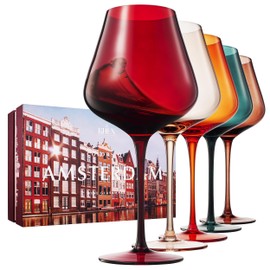 Colors of Amsterdam Wine Glasses, Art Deco Colored Wine Glass Set, 20oz With a Gorgeous Gift Box | Set of 5 | Traveler, Explorer, Gifts - Drinkware For Red & White Wines, Valentine's Day Tall Stemmed