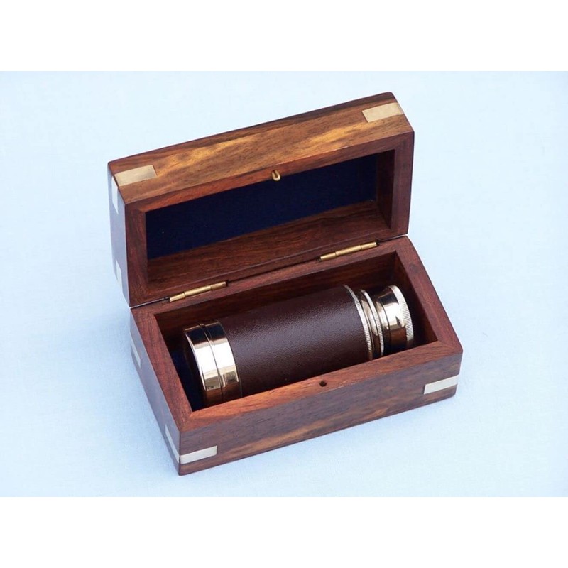 Hampton Nautical Scout's Chrome/Leather Spyglass Telescope with Black Rosewood Box,