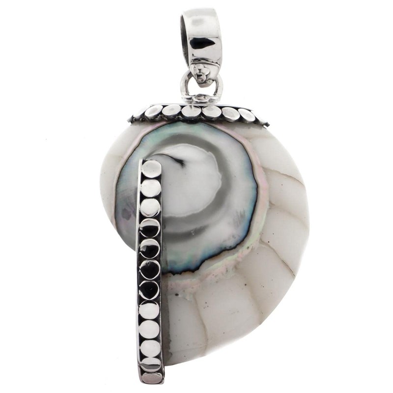 White Nautilus OCean Shell 925 Sterling Silver Pendant, 1 5/8"