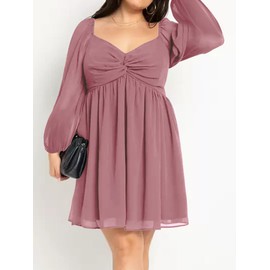 SCOMCHIC Women's Plus Size Puff Long Sleeve Dresses Sweetheart Neckline A Line Short Wedding Guest Cocktail Dress Pink