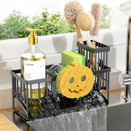 Cisily Kitchen Sink Caddy Organzier with High Brush Holder, Sponge Holder for Sink, 304 Rustproof Stainless, Kitchen Countertop Soap Dispenser Organizer