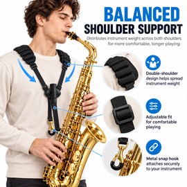 Adjustable Saxophone Shoulder Strap, Leather Double Shoulder Harness for Alto, Tenor & Soprano Sax, Comfortable Woodwind Support Accessory
