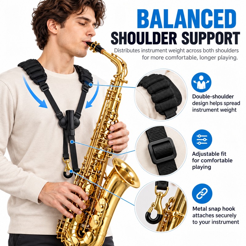 Adjustable Saxophone Shoulder Strap, Leather Double Shoulder Harness for Alto,