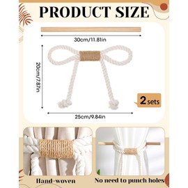 SATINIOR 2 Pack Boho Curtain Tiebacks Bow Rustic Holdbacks for Drapes Natural Cotton Rope Farmhouse Curtain Tie Back Holder with Wood Stick Decorative Boho Decor for Home Office Window Drapery Beige