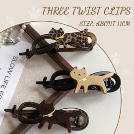 NJCXOLA Pack of 3 Flat Hair Clips for Women, Twisted Clip, Women's Matte Large Hair Clip for Thin and Thick Hair, Curved Design for Lying Down Leopard Print - Cat