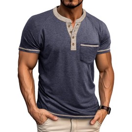 Mens Henley Shirts Short Sleeve Casual Button Basic T-Shirts Summer Classic Vintage Tee Shirts with Pocket Navy