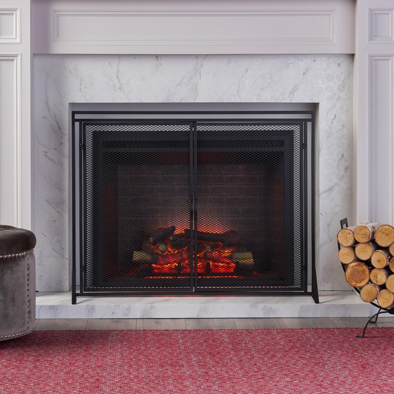 Roomfitters Durable Fireplace Screen with Mesh Double Doors, Freestanding Design