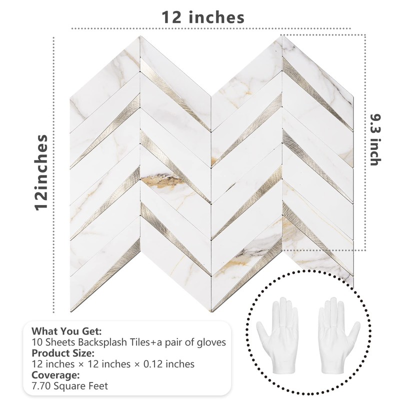 STICKGOO 10-Sheet Herringbone Tile Peel and Stick Backsplash, Calacatta Marble