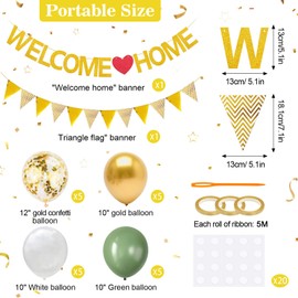 Yueshop Welcome Home Decoration, Welcome Home Banners Green White Balloons Decorations Set, Gold Sequin Balloons Latex Balloons Pennant Flag Bunting for Home Baby Shower Party Supplies