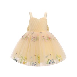 IBTOM CASTLE Baby Flower Girl Floral Embroidery Pleated Tulle Tutu Dress Elegant Bowknot V Back Toddler Birthday Party Pageant Formal Baptism Easter Dresses Champagne-Floral 3-4 T