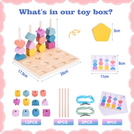 Montessori Wooden Beads Sequencing Toys, 3 in 1 Stacking Blocks & Lacing Beads & Matching Shape Stacker for 2 3 4 5 Year Old STEM Preschool Learning Montessori Toys Gifts for Kids Boy Girl Toddler