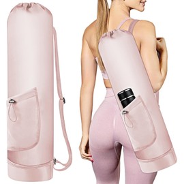 Bolsa para Esterilla de Yoga con Cordón, bolsa para tapete de yoga con compartimento húmedo impermeable, con 2 bolsillos de almacenamiento multifuncionales y correa de hombro ajustable (Rosa)