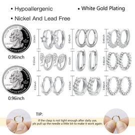 9 Pairs Small Huggie Hoop Earrings Set White Gold Hypoallergenic Lightweight Huggie Hoops Earrings for Women