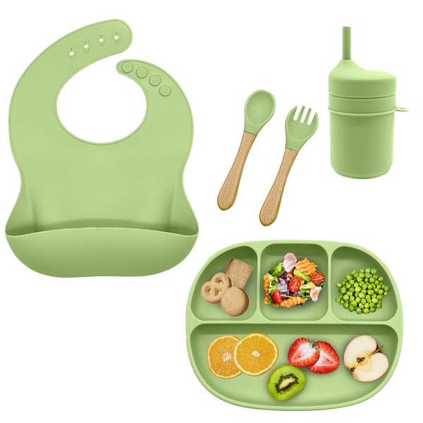HAPPY LIFE Set de comida para bebe de silicona alimenticio LIBRE de BPA 5pz incluye babero para bebe plato con 4 compartimentos cubiertos vaso entrenador con tapa apto para microondas (Olive)