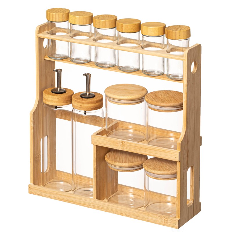 Basicwise 3-Tier Bamboo Spice Rack with 6 Spice Shaker Bottles,