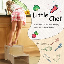 WOOD CITY Toddler Step Stool for Kids, Wooden Two Step Children's Stool with Handles, Bonus Non-Slip Pads for Safety, Bathroom Potty Stool & Kitchen Step Stools Dual Height