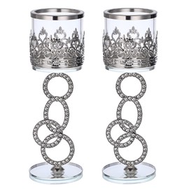 OwnMy Set of 2 Silver Crystal Pillar Candle Holders Glass Tealight Candlestick Holders with Glass Cover, 8.5" Elegant Metal Glass Votive Candle Stands for Dining Table Centerpiece Wedding Candle Decor