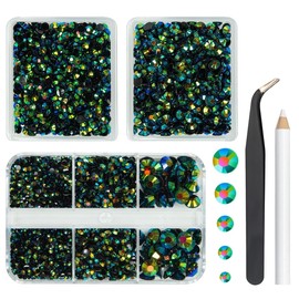 qiipii 3 Boxes 5070PCS Peacok AB Resin Rhinestones for Crafting Dark Green AB Flatback Jelly Stones 2mm 3mm 4mm 5mm 6mm Non-Hotfix Diamonds Crystals Gems for Nails Tumblers Bottles DIY Crafts Decor
