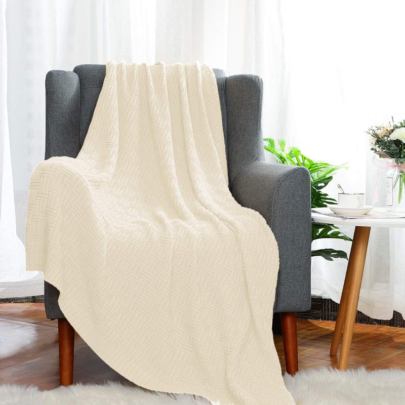 sourcing map 100% Cotton Cable Knit Throw Blanket,Soft Lightweight Lap
