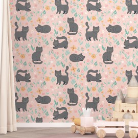 Mangoloo 17.5"x102" Modern Pink Floral Peel and Stick Wallpaper Grey Cat Wallpaper Cute Animal Wall Mural Removable Renter Friendly Pink Contact Paper for Cabinets Kids Bedroom Bathroom Playroom
