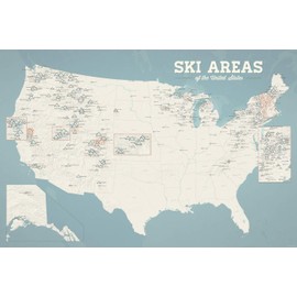 US Ski Resorts Map 24x36 Poster (Beige & Opal Blue)